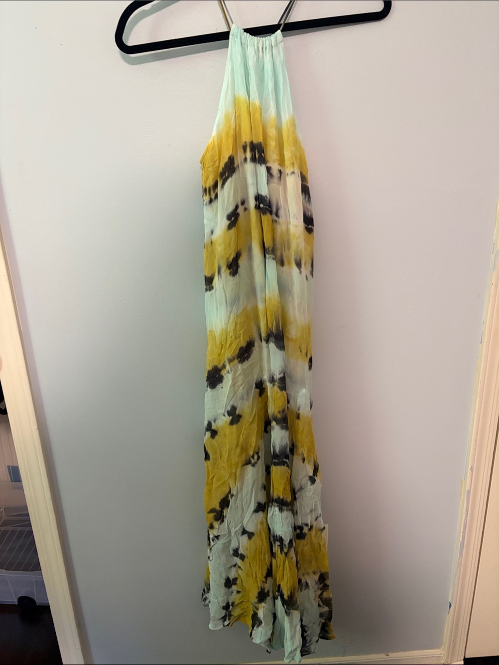 Light Blue and Yellow Tie-Dye Halter Maxi Dress